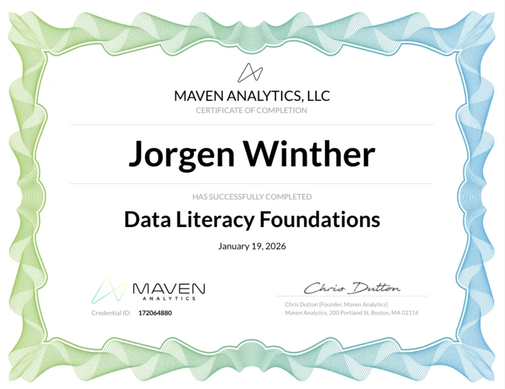 Data Literacy Foundation certificate from Maven Analytics